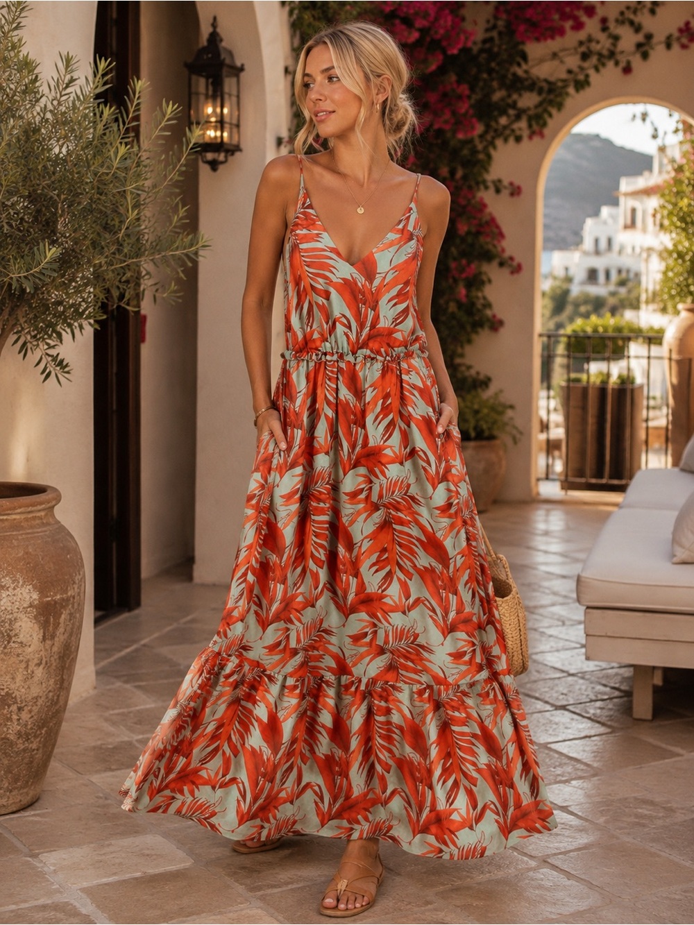 H&M Tropical Palm Print Maxi Dress Size 12 Green Orange Strappy Tiered